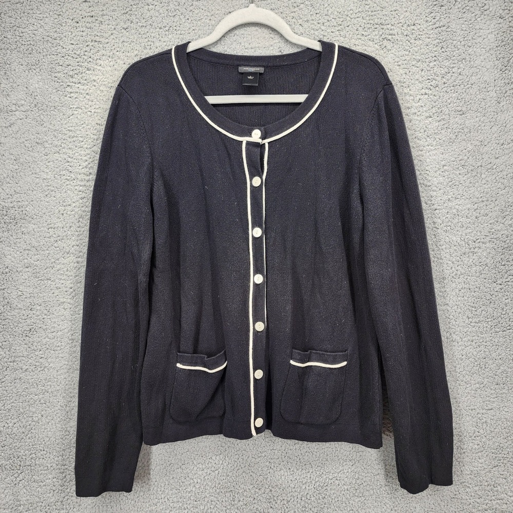 Ann Taylor Womens Black White Trim Cotton Knit Button Cardigan Sweater Large
